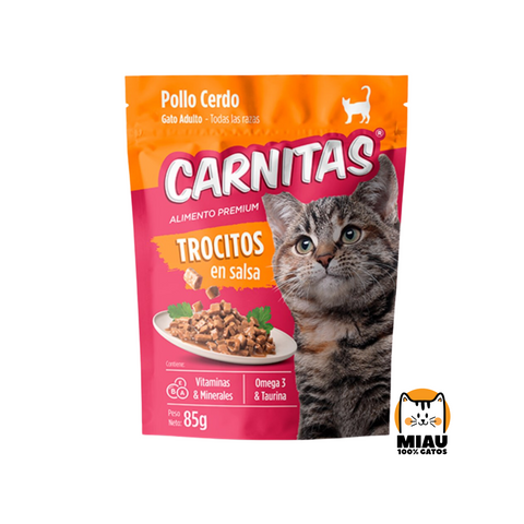 SACHET CARNITAS TROCITOS EN SALSA POLLO Y CERDO PARA GATO ADULTO 85 GR