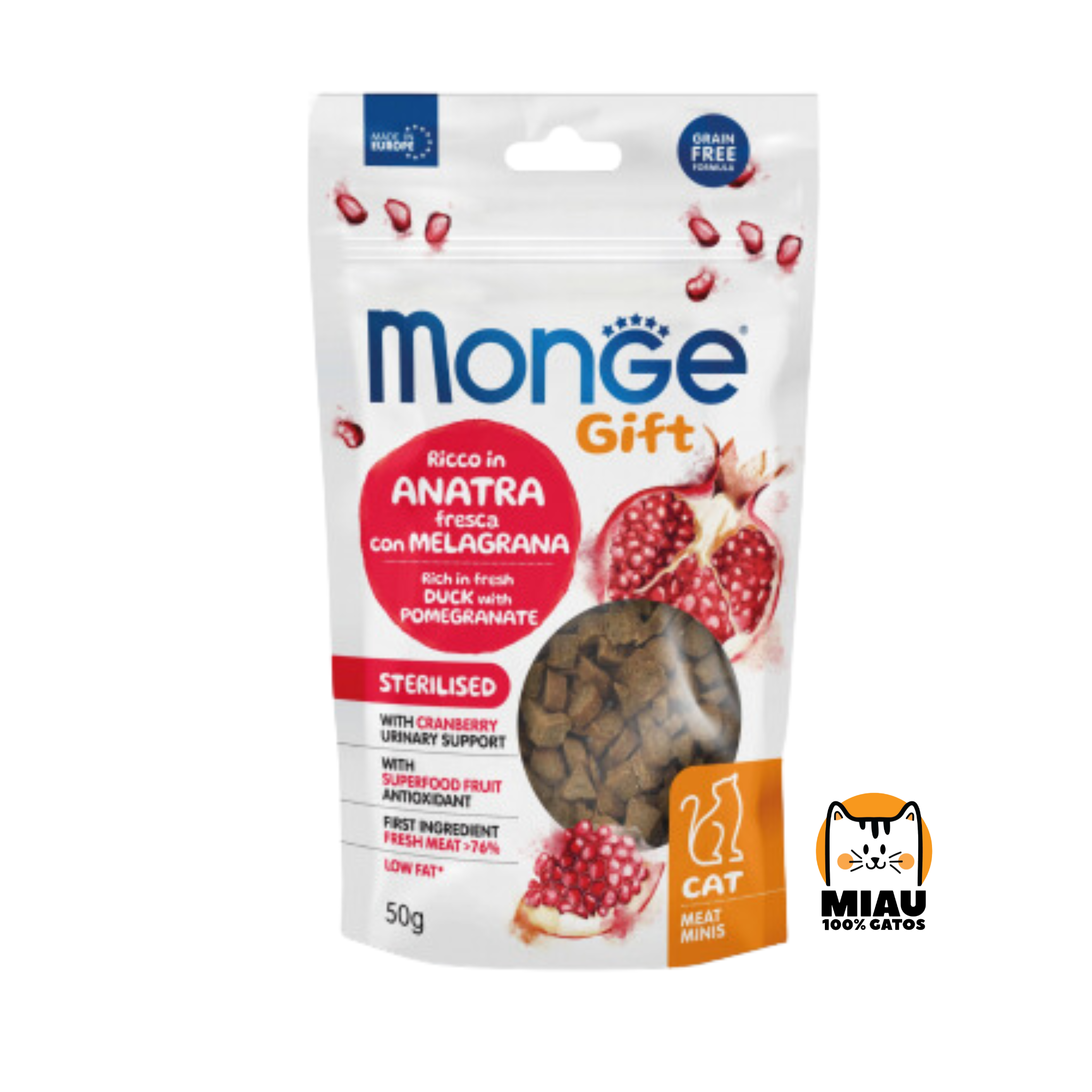 SNACK MONGE GIFT PATO GRANADA Y ARANDANOS GATO ESTERILIZADO